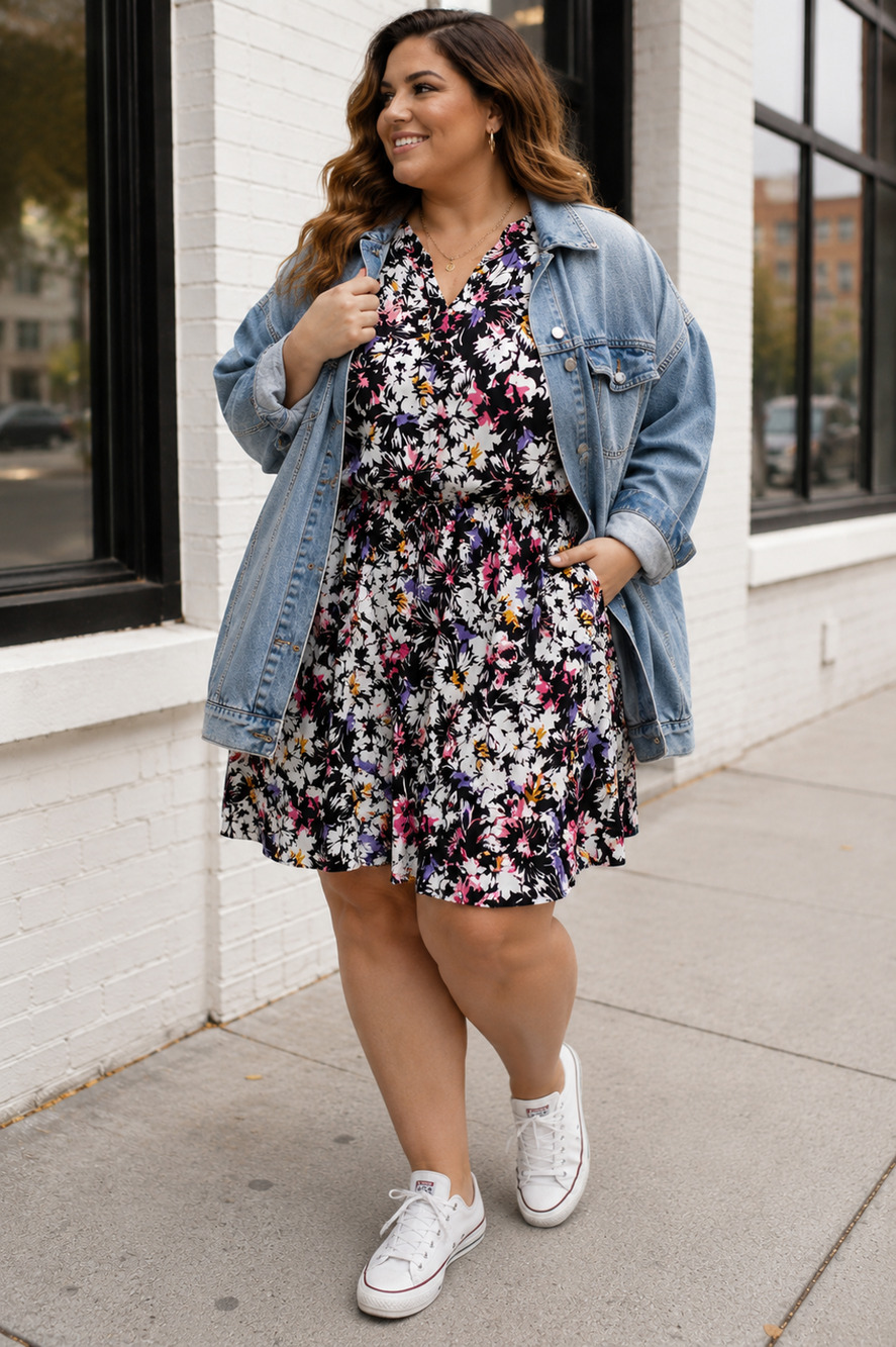 Robert Louis Floral Dress 2X Black Pink Purple Long Sleeve Mini Dress
